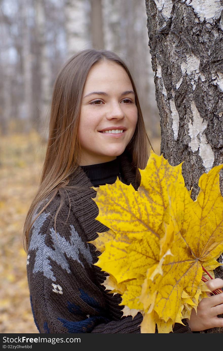 Portrait of smiling brunette girl in autumn park with leaves next to birch. Portrait of smiling brunette girl in autumn park with leaves next to birch.