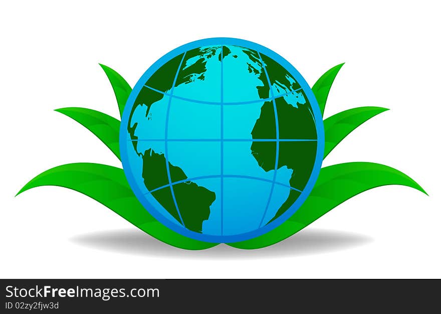 Vector illustration. Blue globe with green leaf on background