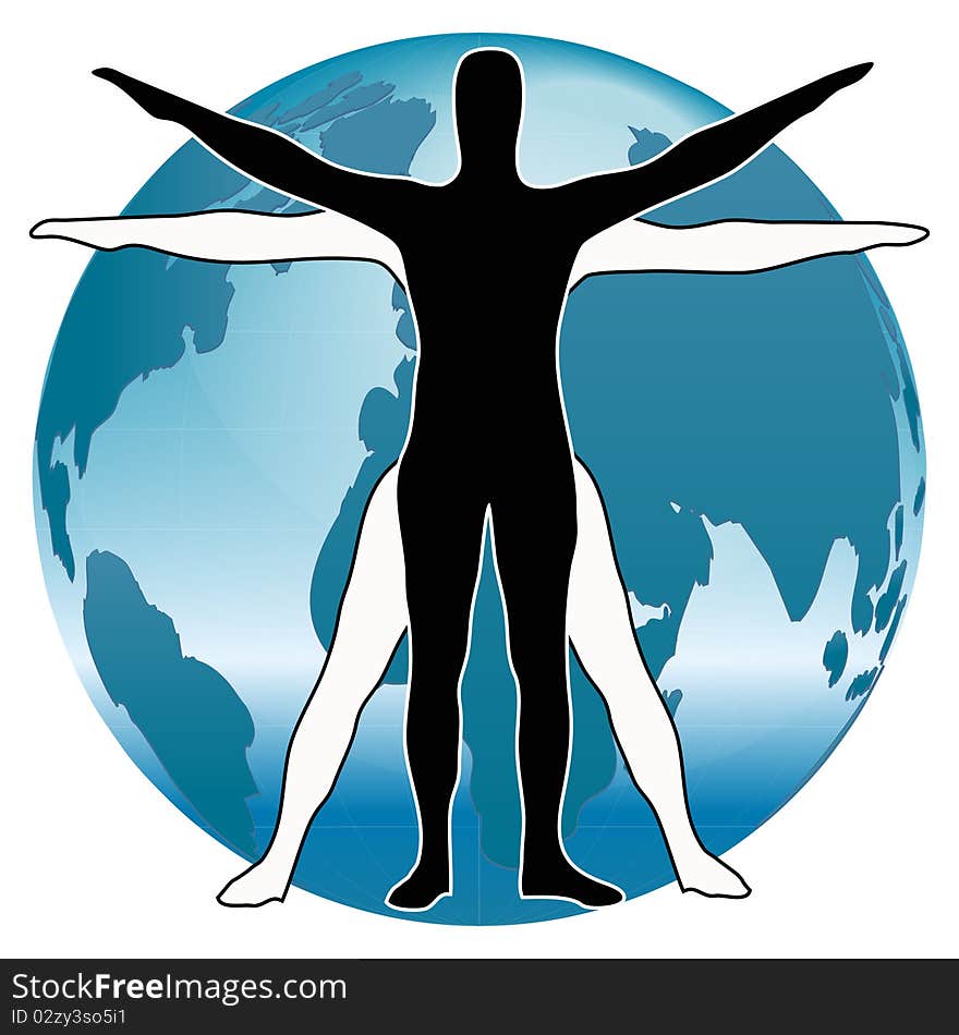 Two people, symbolizing a whole against the background of the globe