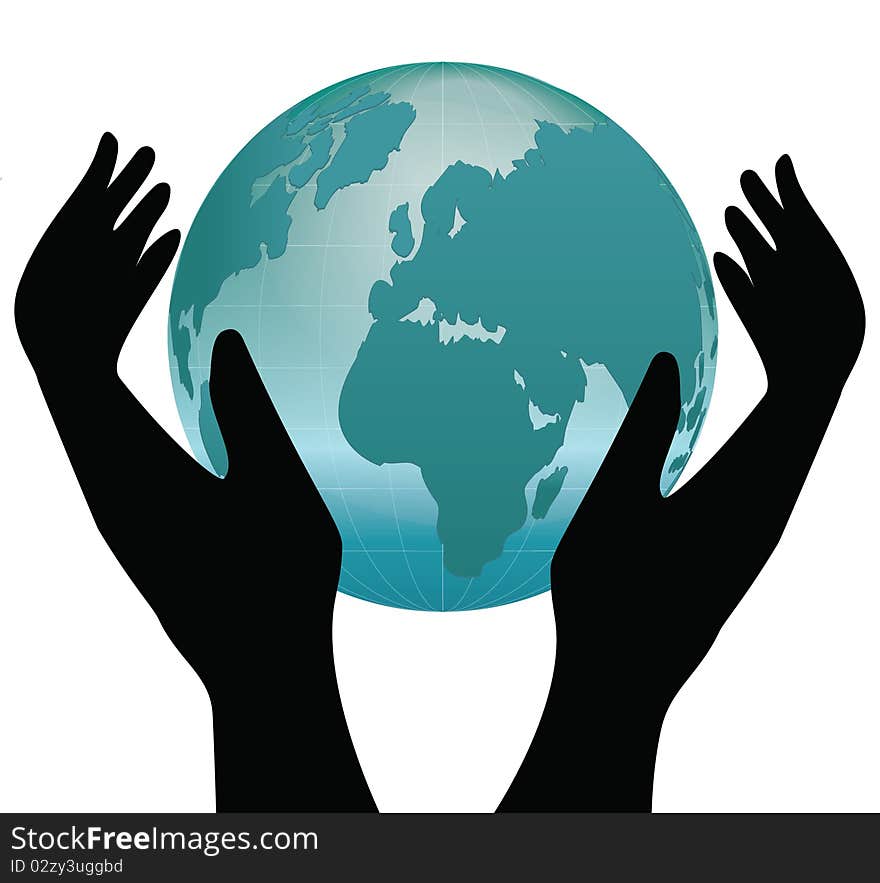 Earth in human hands on a white background