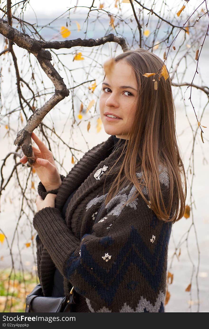 Portrait of brunette girl in autumn park with leaves next to birch. Portrait of brunette girl in autumn park with leaves next to birch.