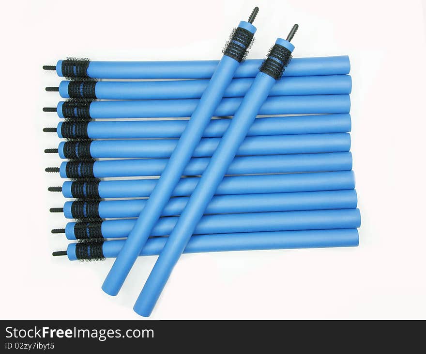 Collection of blue hair rollers. Collection of blue hair rollers