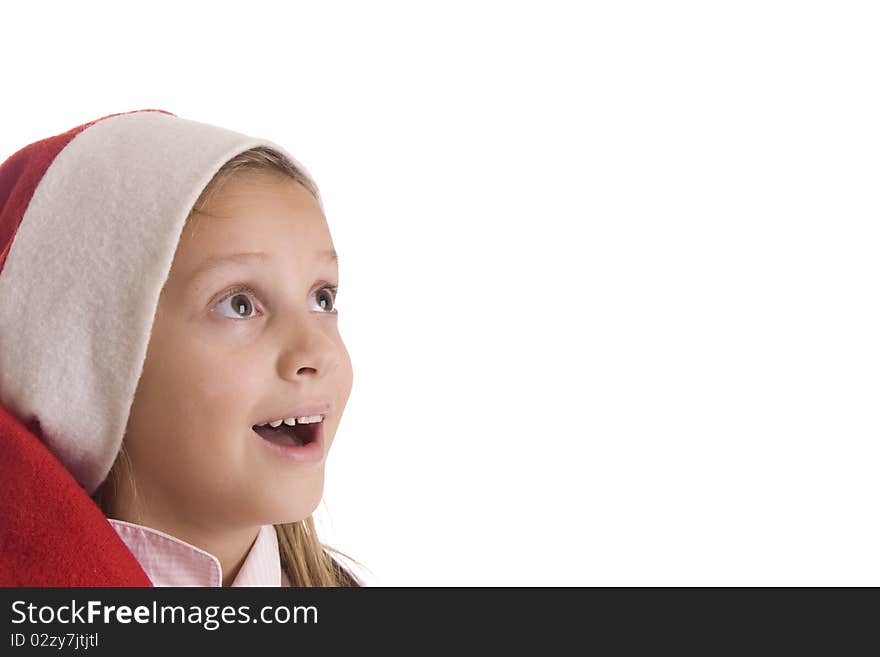 Child in a red cap on the white background