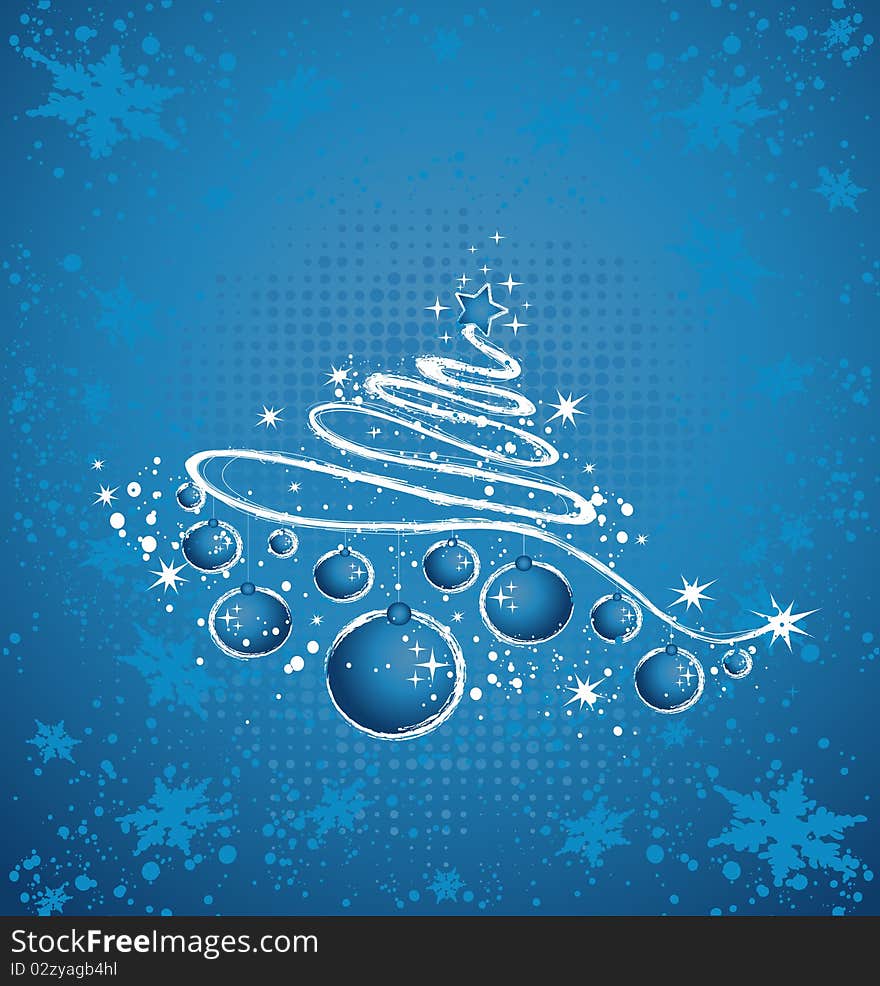 Christmas background with tree, balls, stars and snowflakes