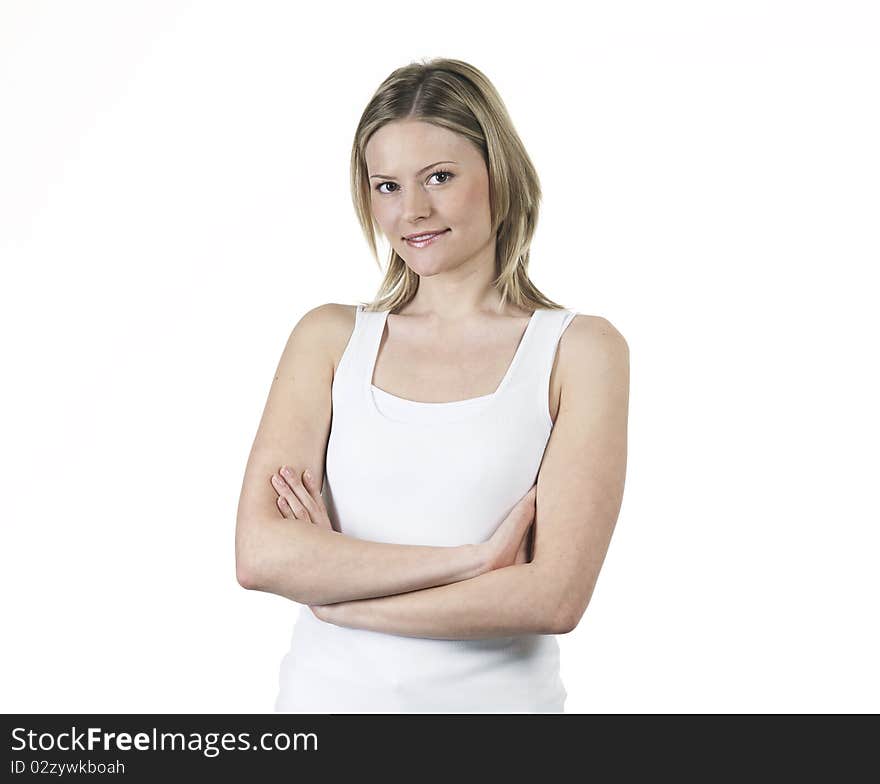 Young woman happy and flirty with white shirt