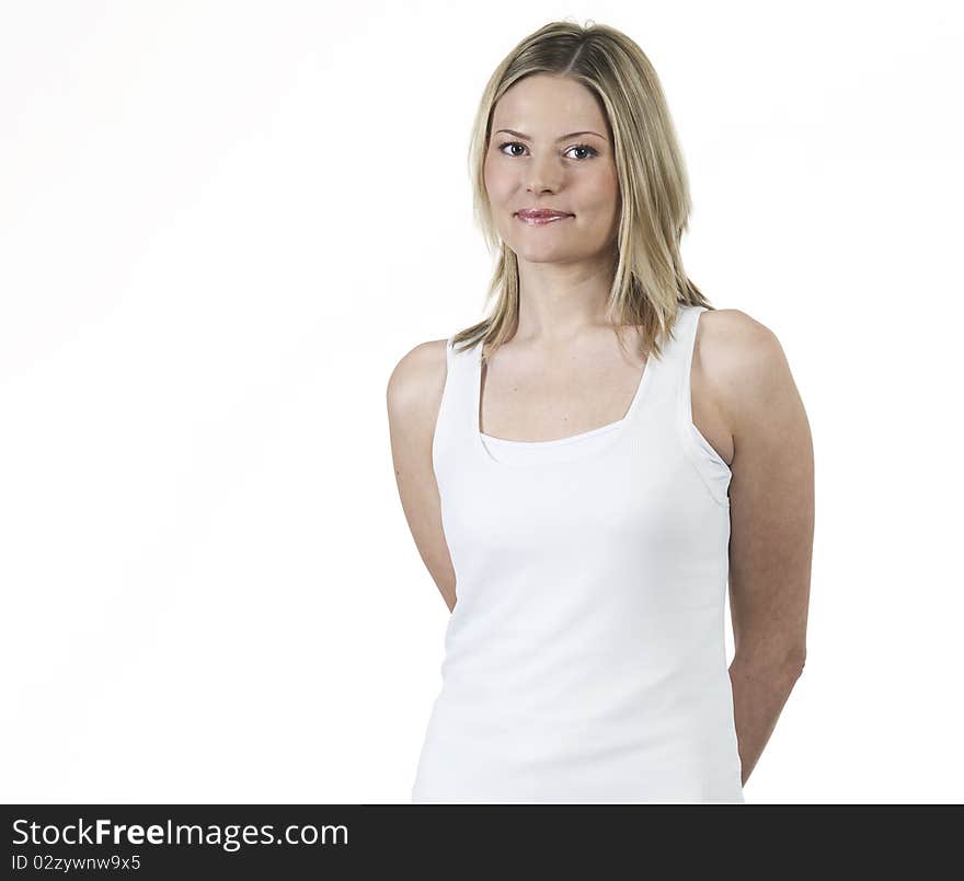 Young woman happy and flirty with white shirt