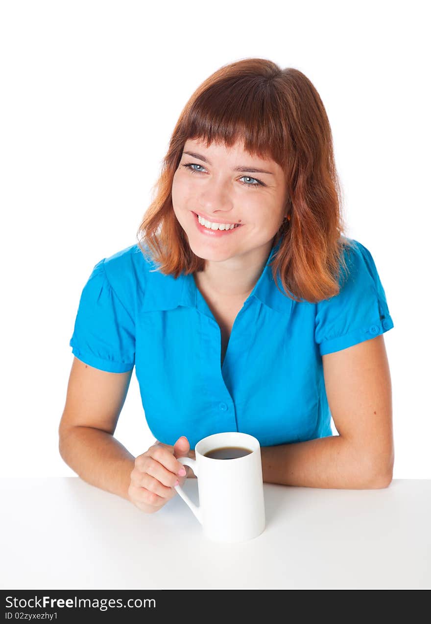 A smiling girl is drinking a coffee from a white cup. isolated on white background