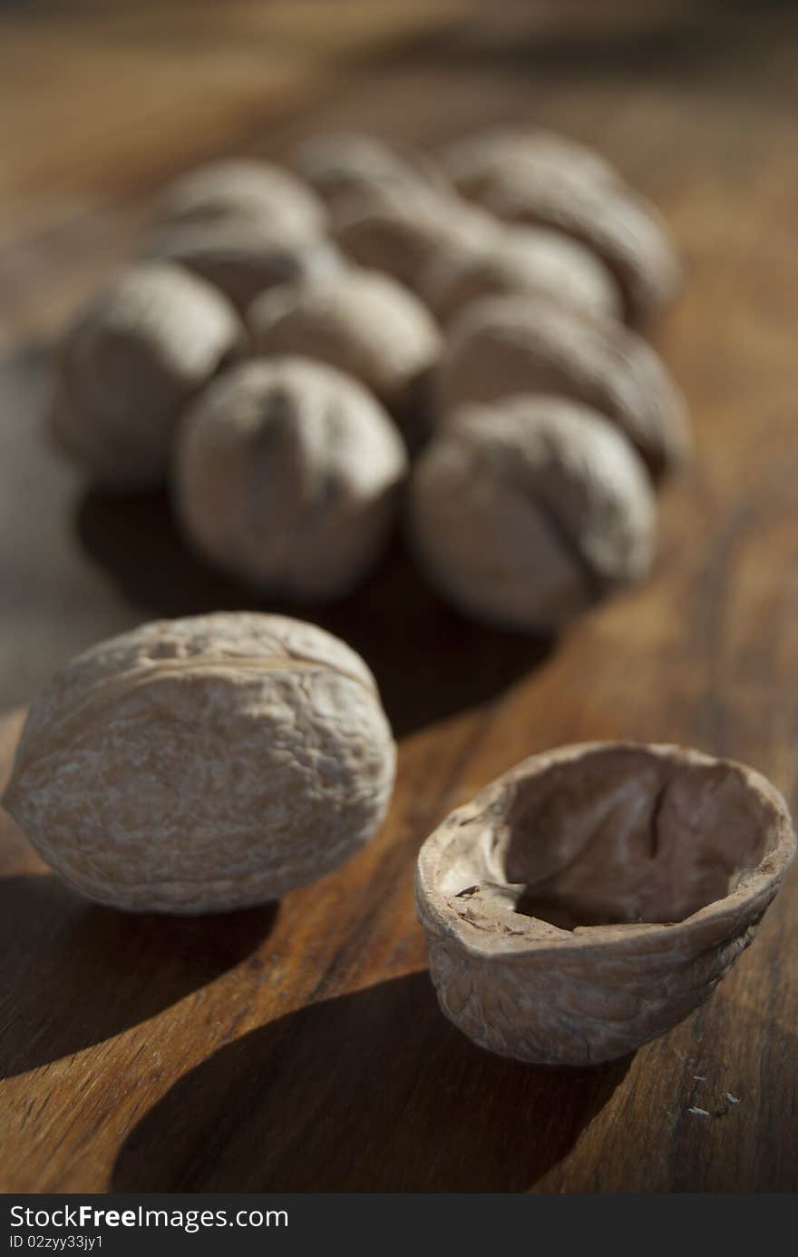 A series of nuts on a table. A series of nuts on a table