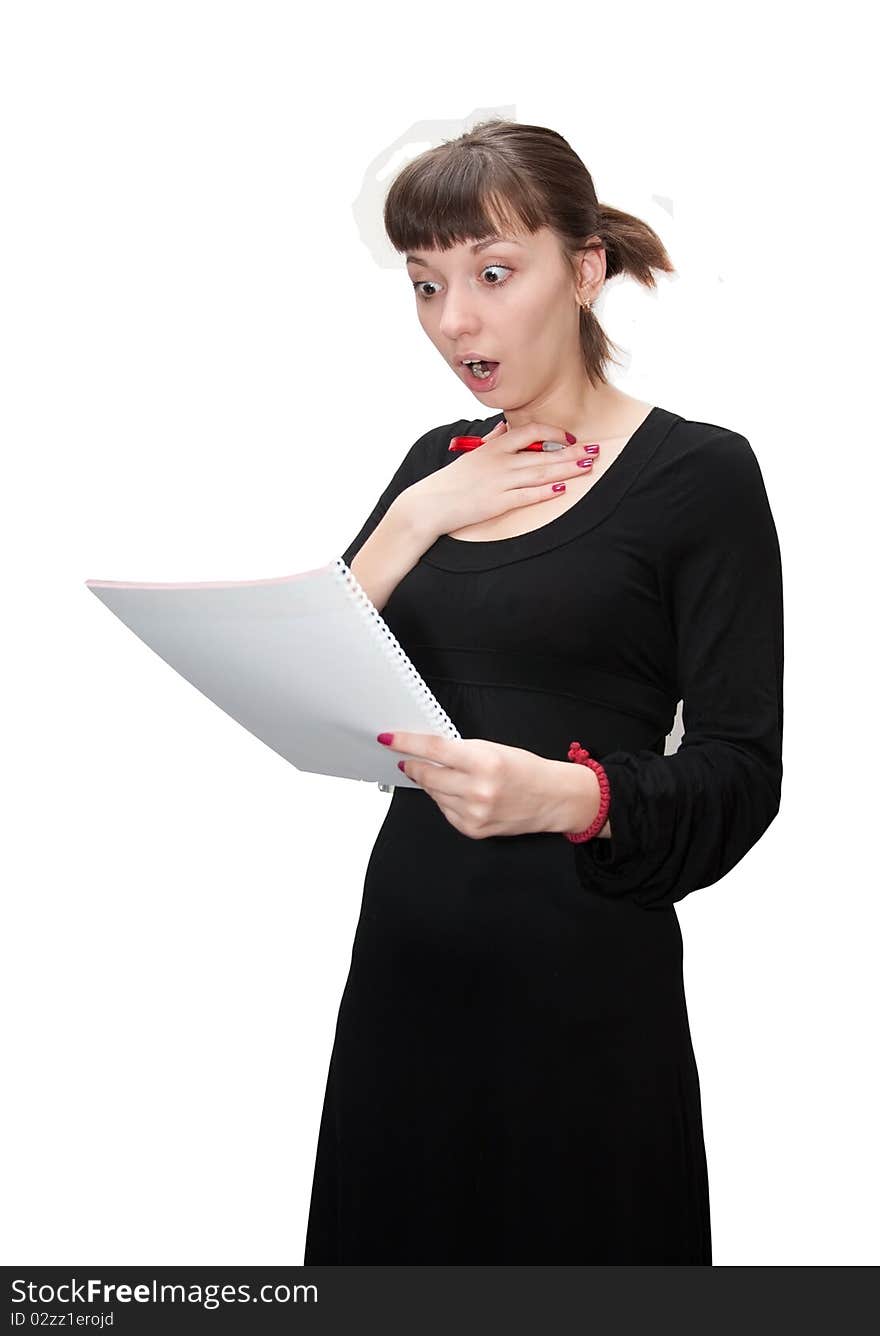 Girl with a notebook on a white background. Girl with a notebook on a white background