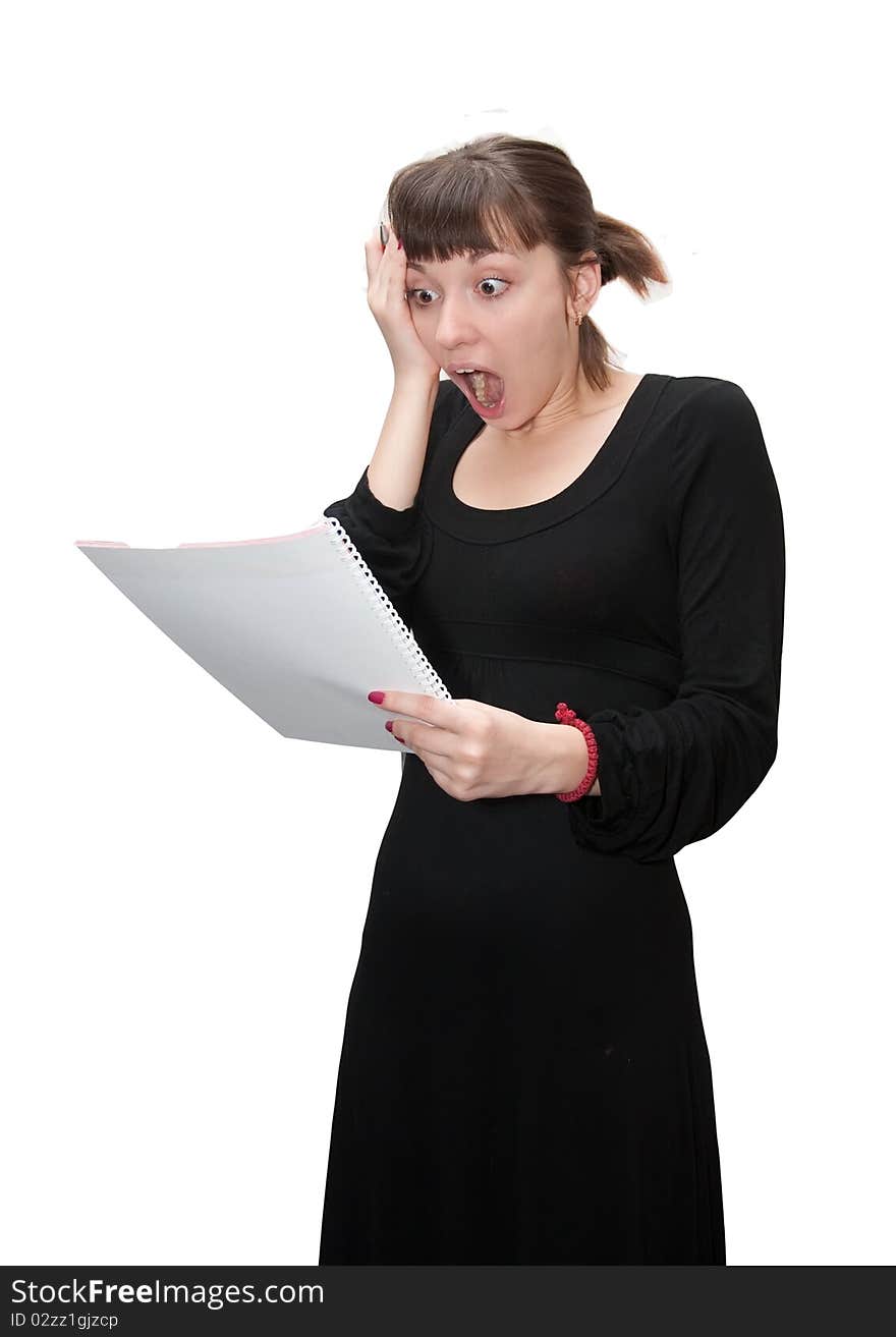 Girl with a notebook on a white background. Girl with a notebook on a white background