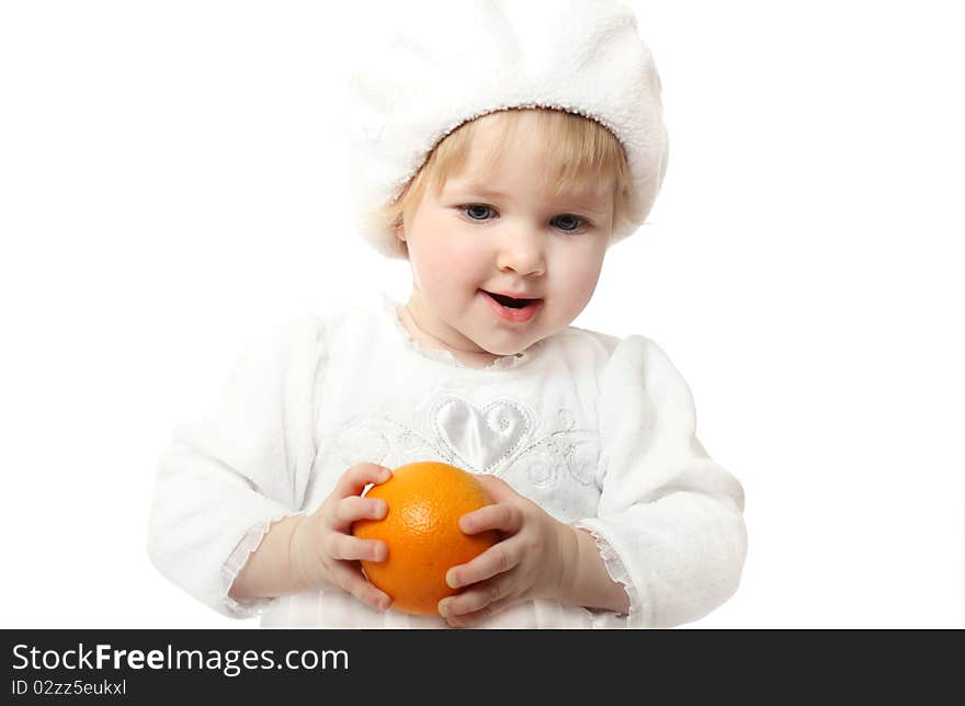 Studio portrait of smiling baby with mellow orange isolated on white. Studio portrait of smiling baby with mellow orange isolated on white