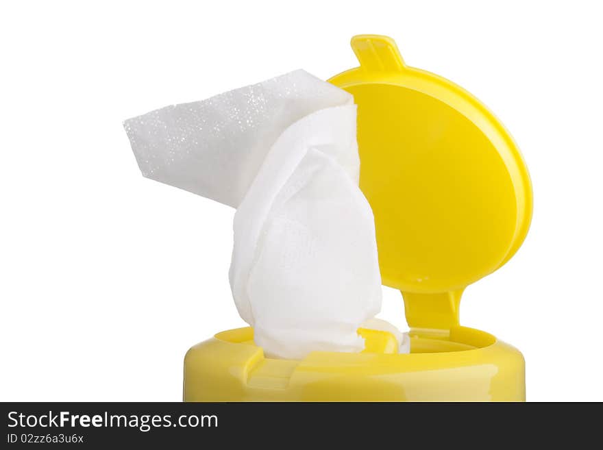 Napkin for cleaning in a plastic container with a white background. Napkin for cleaning in a plastic container with a white background.