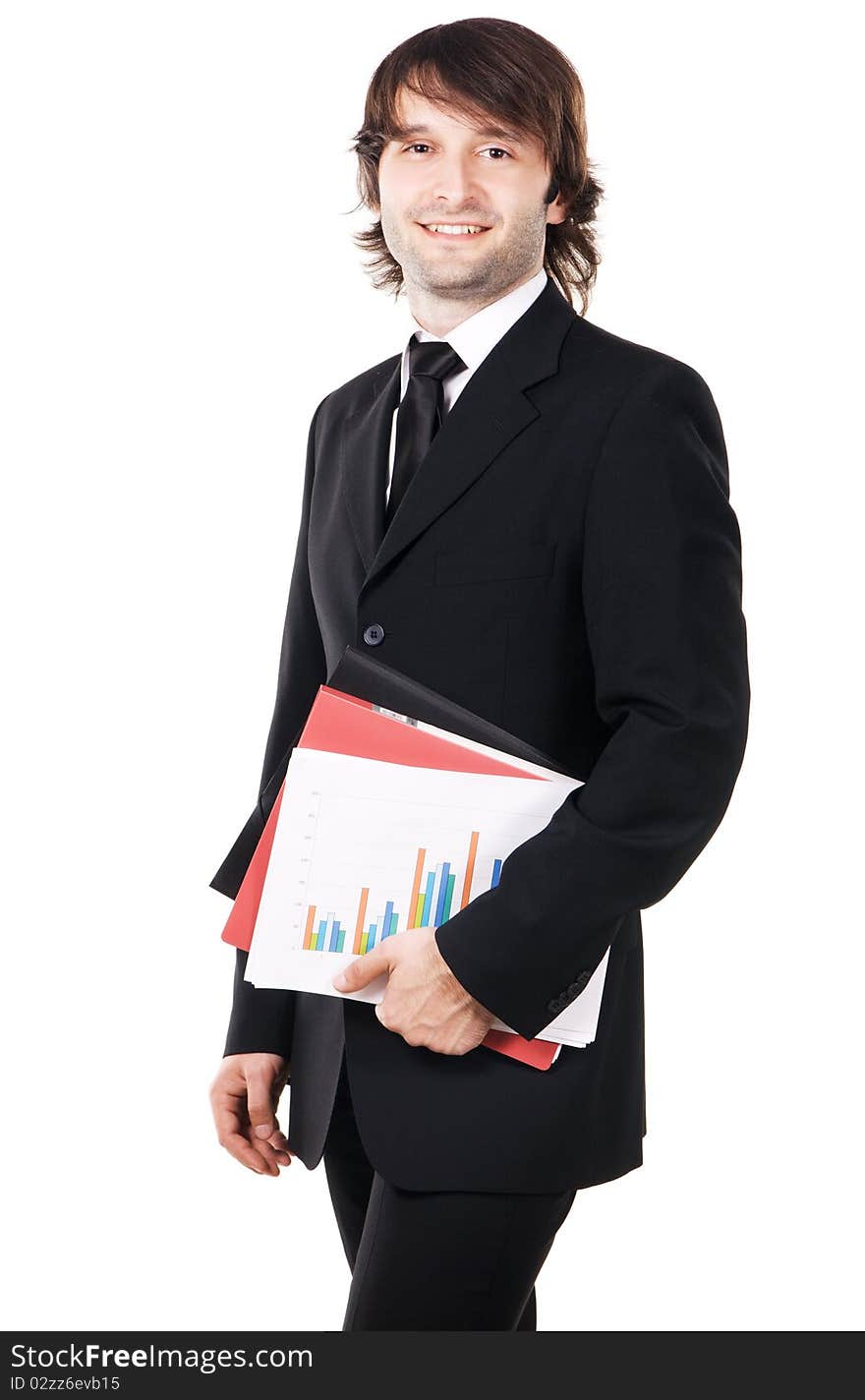 Cheerful businessman with a papers and folders against white background