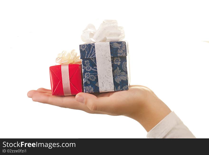 Hand and gift, isolated on white background