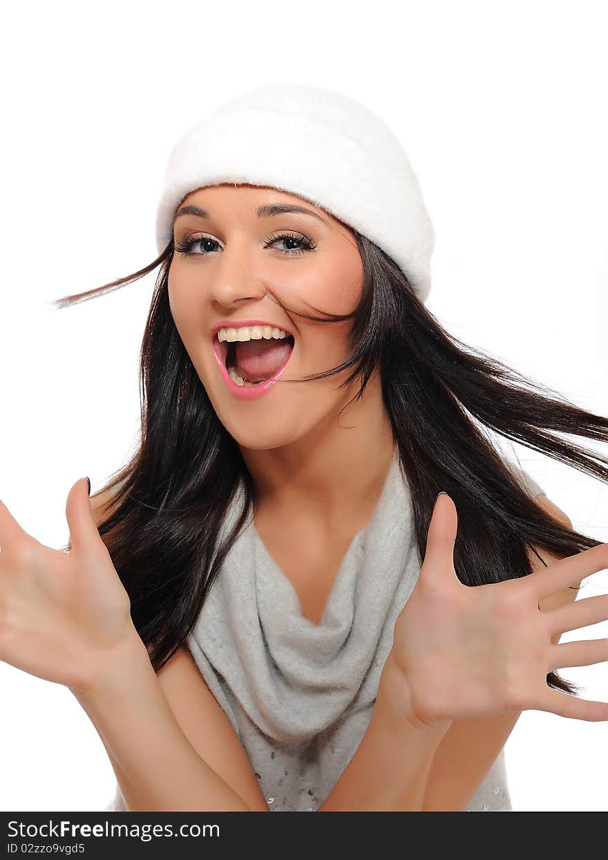 Expressions. Beautiful winter woman in a hat screaming. isolated on white background. Expressions. Beautiful winter woman in a hat screaming. isolated on white background