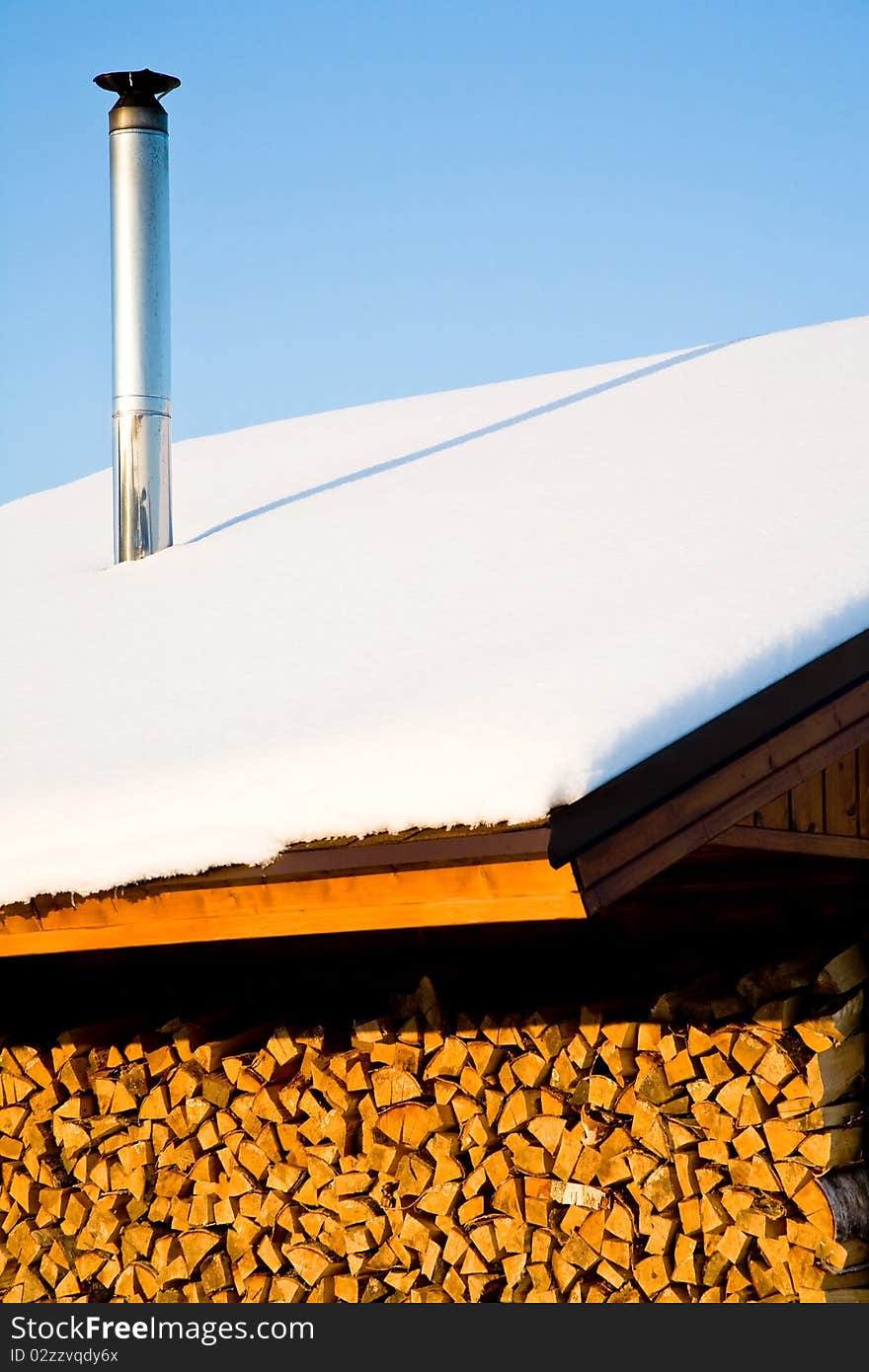 Wooden roof of firewood stack shed. Wooden roof of firewood stack shed