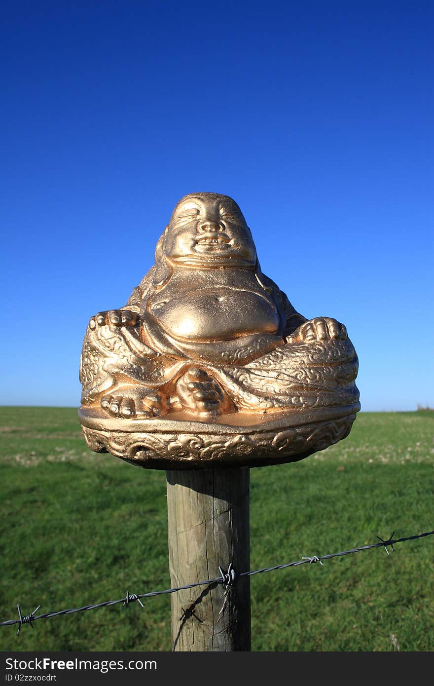 A beautiful golden Buddha sitting on a barbed wire fence post with a green field and lovely blue sky behind him. A beautiful golden Buddha sitting on a barbed wire fence post with a green field and lovely blue sky behind him.