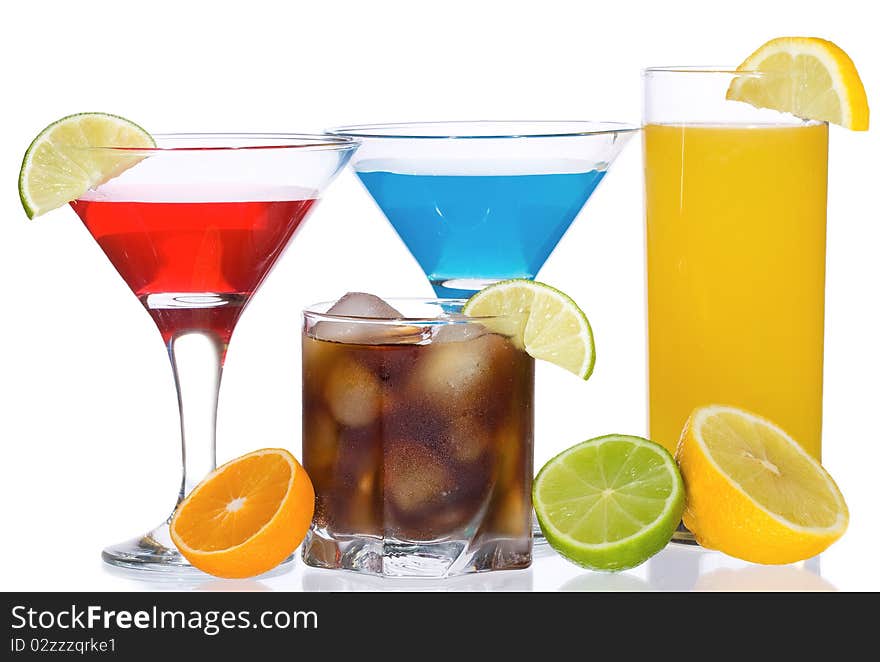 Cocktails with fruits on white background