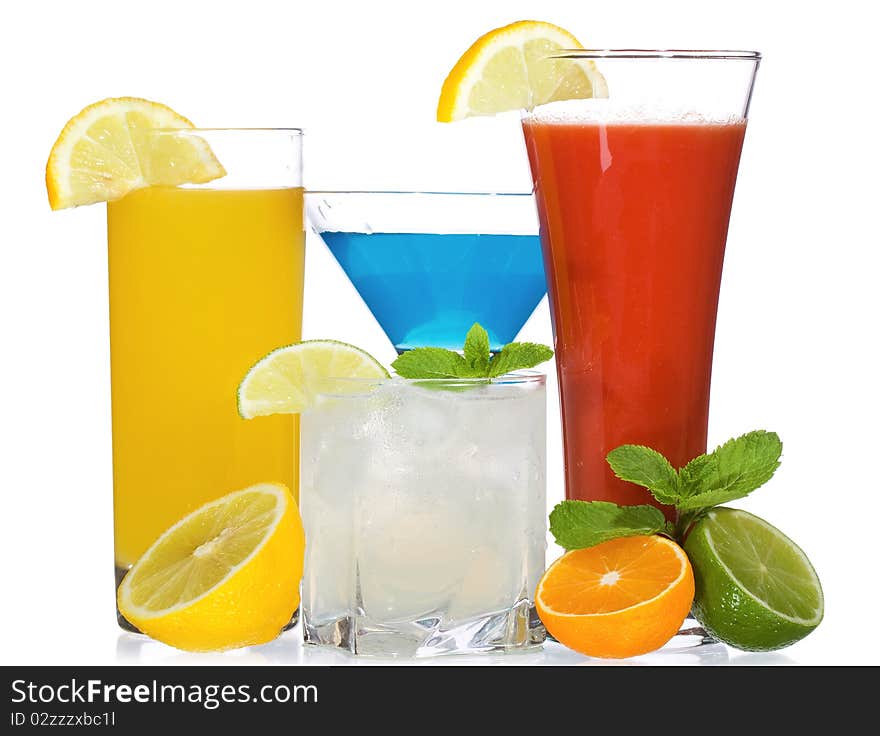 Cocktails with fruits on white background