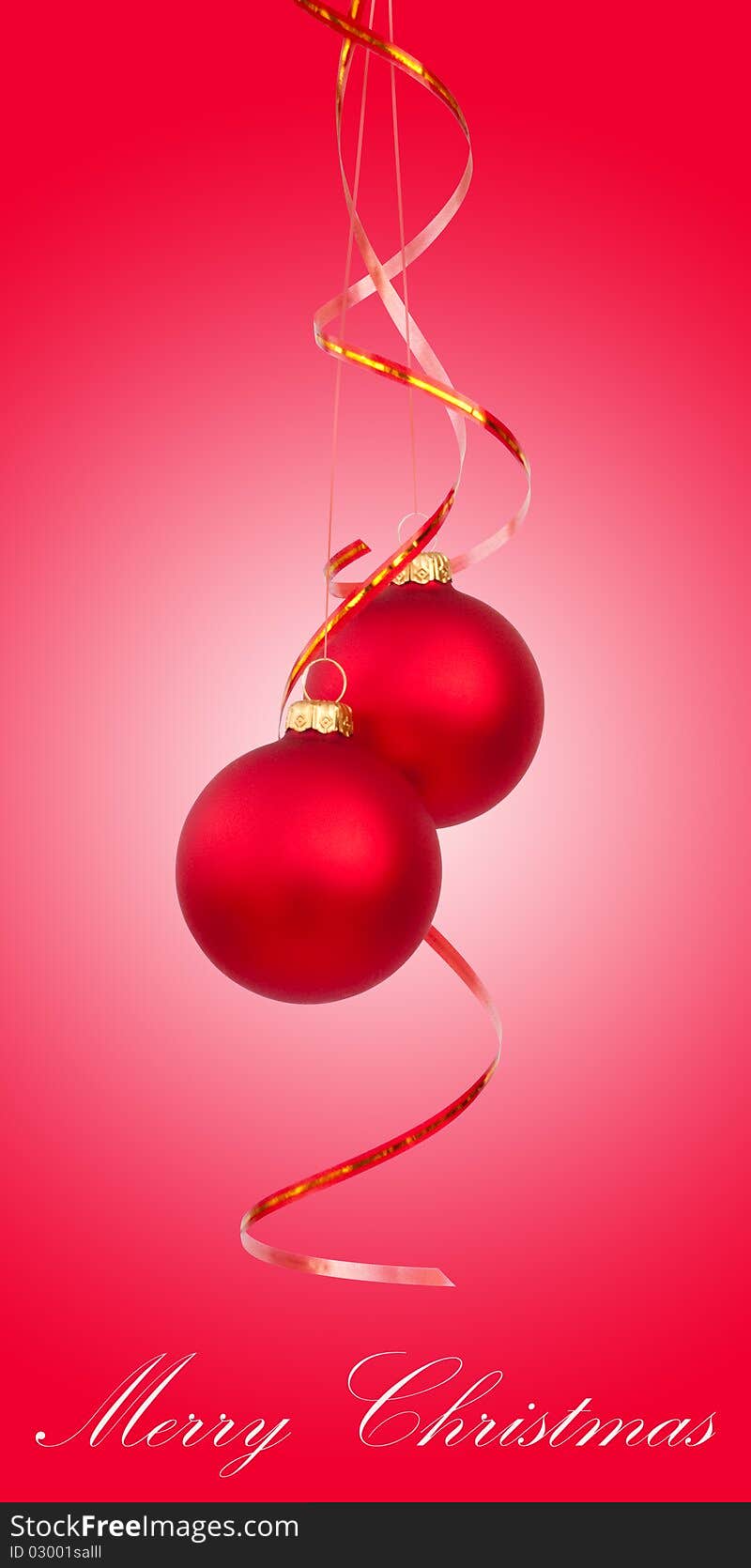 Two bright red Christmas ball with curly ribbons on red background. Two bright red Christmas ball with curly ribbons on red background