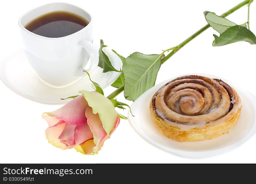 Cake With Cinnamon, Tea And Rose