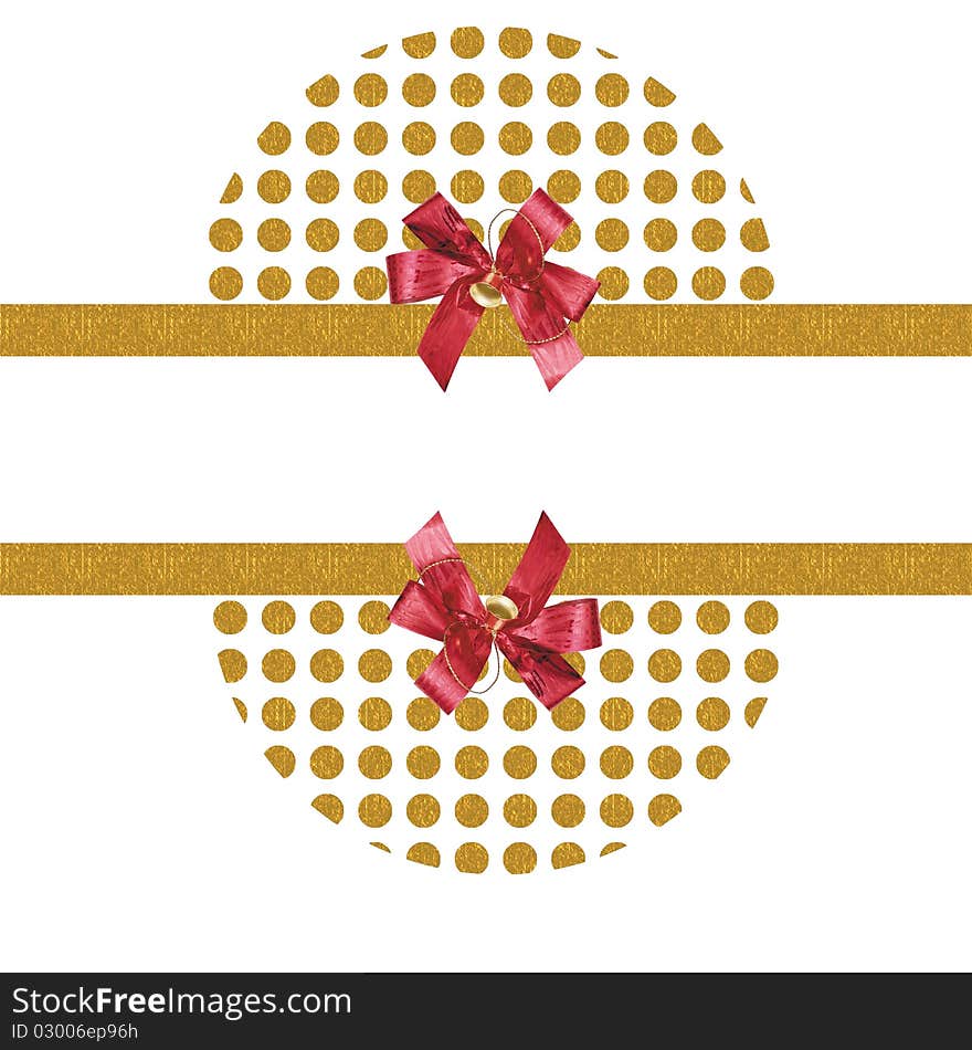 Two half circles of gold dots patterns and christmas red bows bordering a copyspace. Two half circles of gold dots patterns and christmas red bows bordering a copyspace