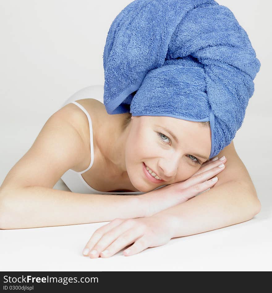 Woman with towel on head