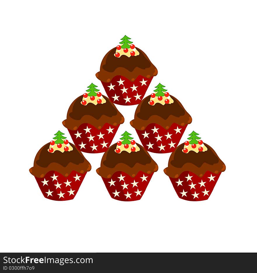 Stack of Christmas chocolate cupcakes  illustration. Stack of Christmas chocolate cupcakes  illustration