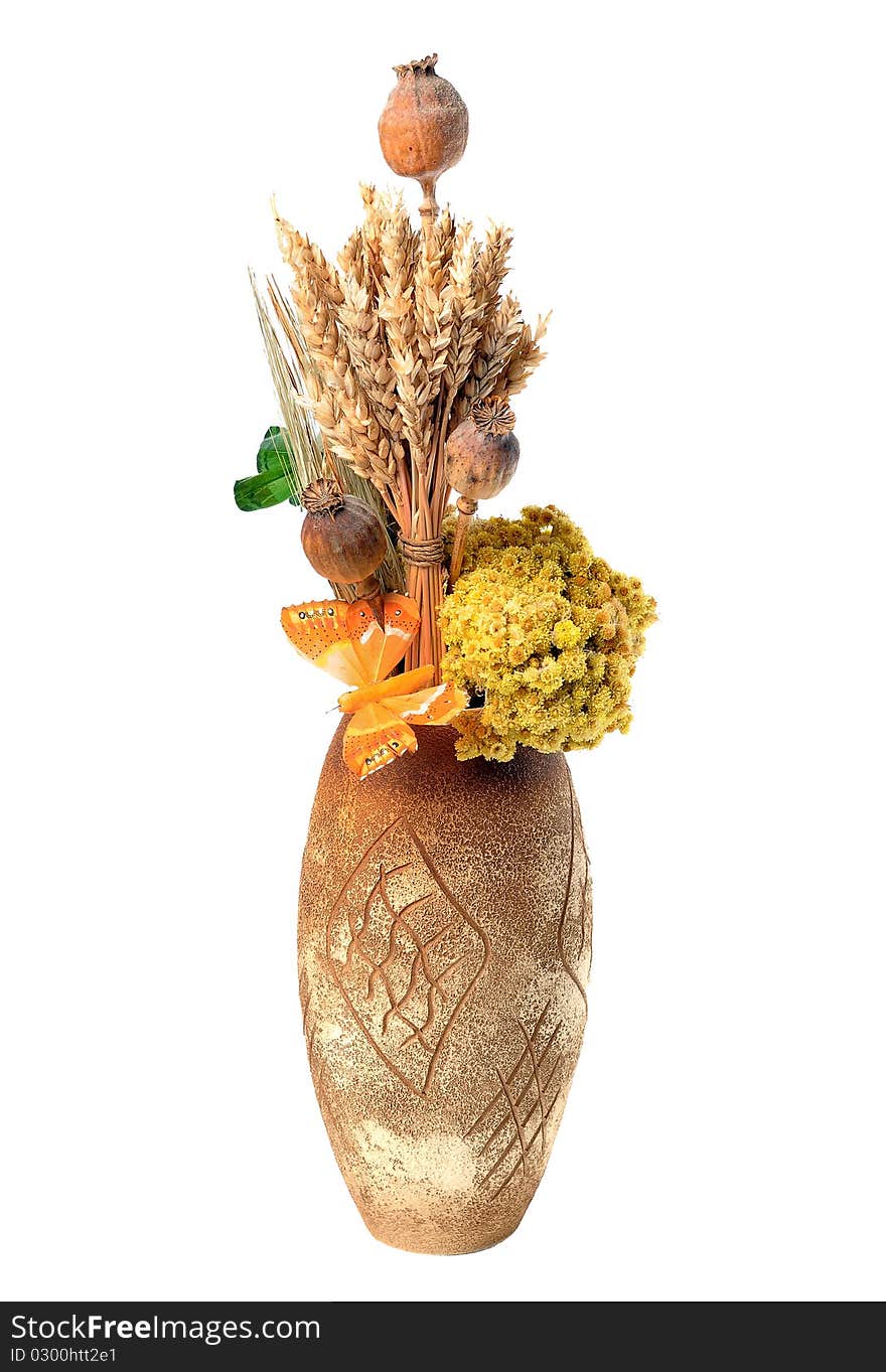 Dried stems and flowers of plants in a clay vase. Dried stems and flowers of plants in a clay vase