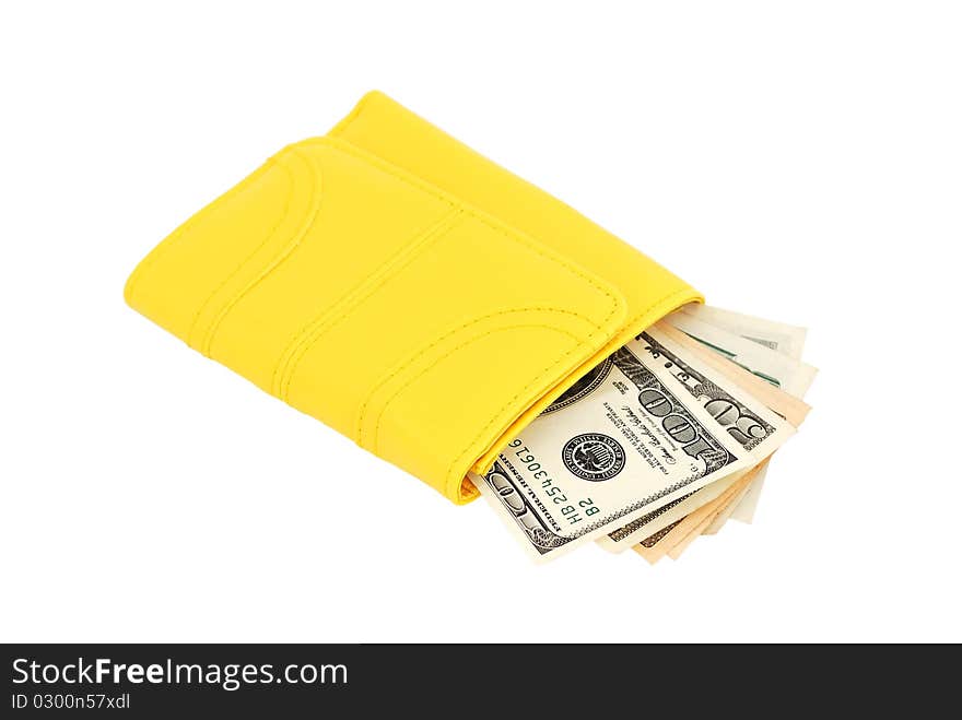 Yellow leather purse on a white background