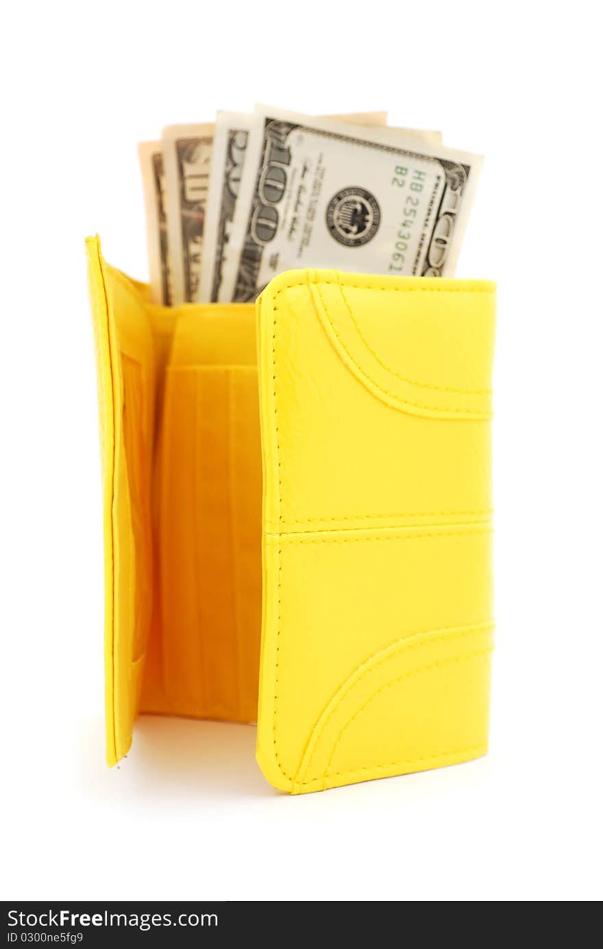 Yellow leather purse on a white background