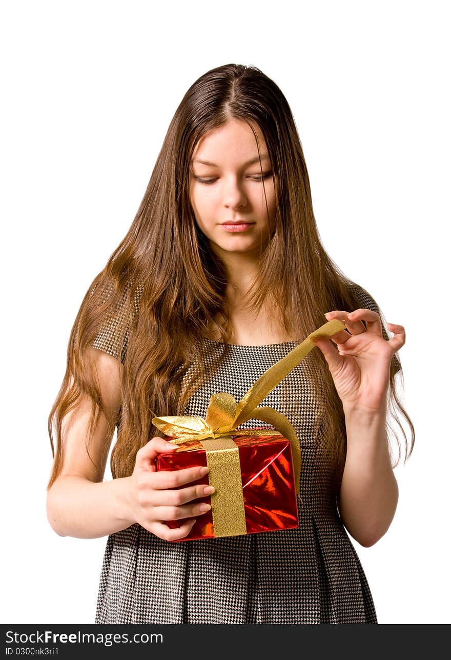 Beautiful woman, holding nice present on white. Beautiful woman, holding nice present on white