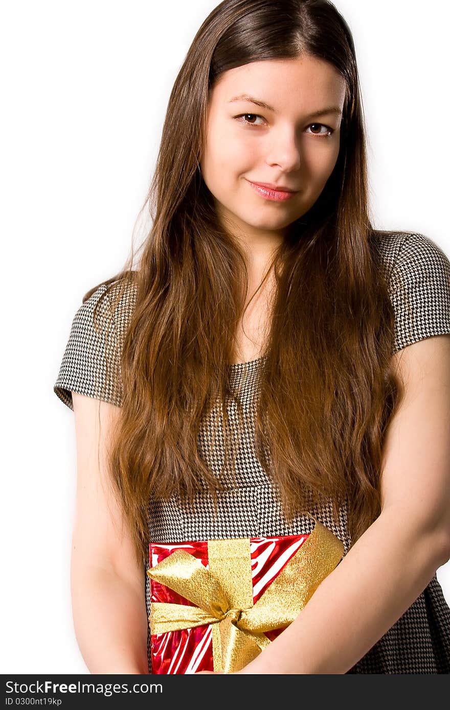 Beautiful woman, holding nice present on white. Beautiful woman, holding nice present on white