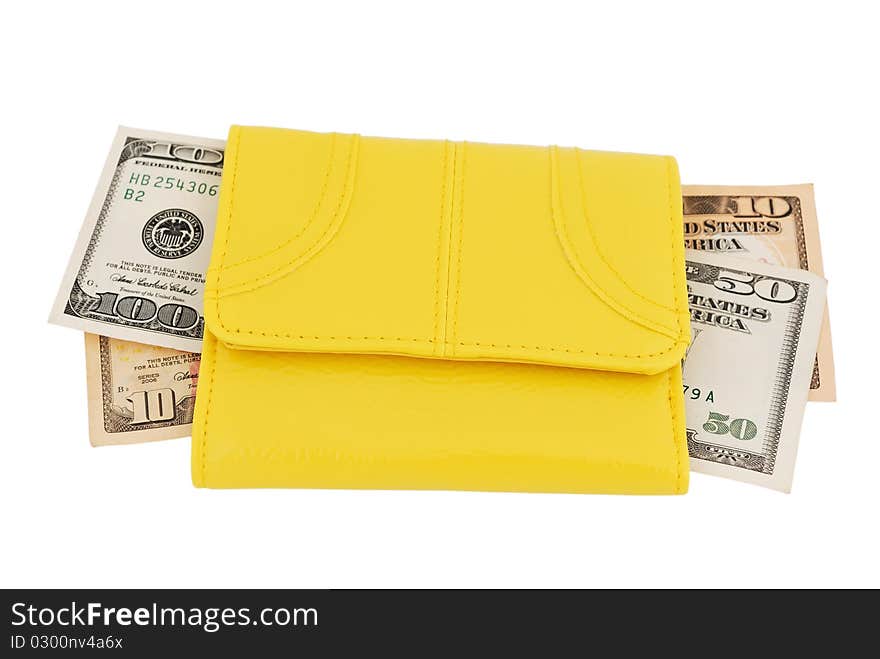 Yellow leather purse on a white background