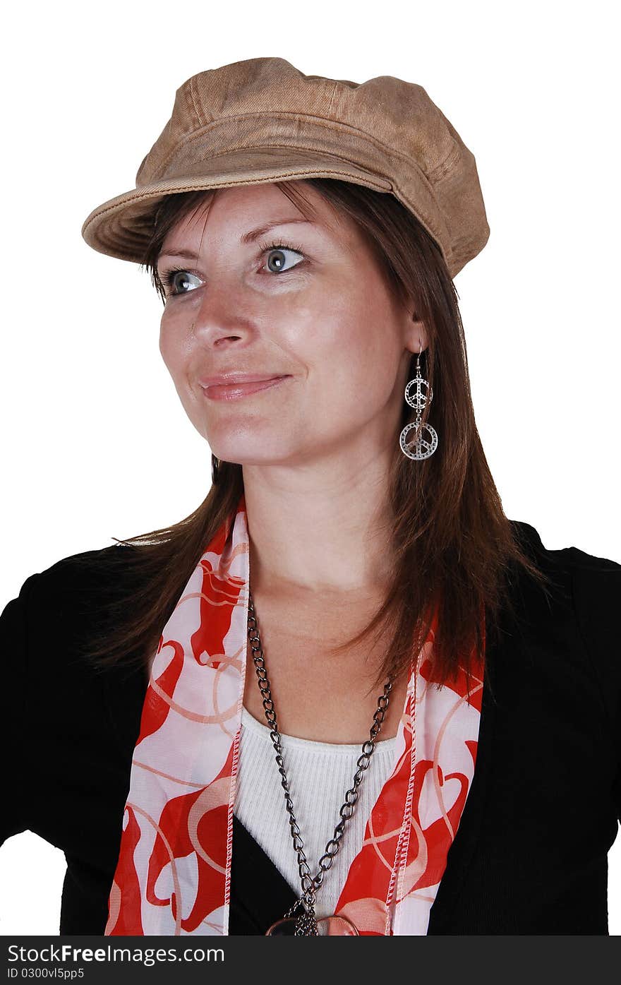 An middle aged woman in an black sweater and a beige hat and red 
scarf standing in the studio, smiling, for a portrait for white background. An middle aged woman in an black sweater and a beige hat and red 
scarf standing in the studio, smiling, for a portrait for white background.