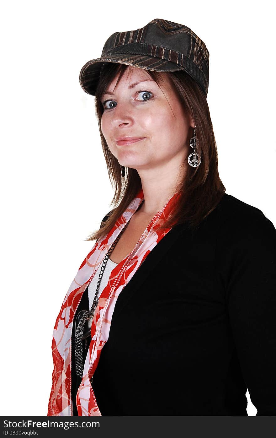 An middle aged woman in an black sweater and a beige hat and red 
scarf standing in the studio, smiling, for a portrait for white background. An middle aged woman in an black sweater and a beige hat and red 
scarf standing in the studio, smiling, for a portrait for white background.