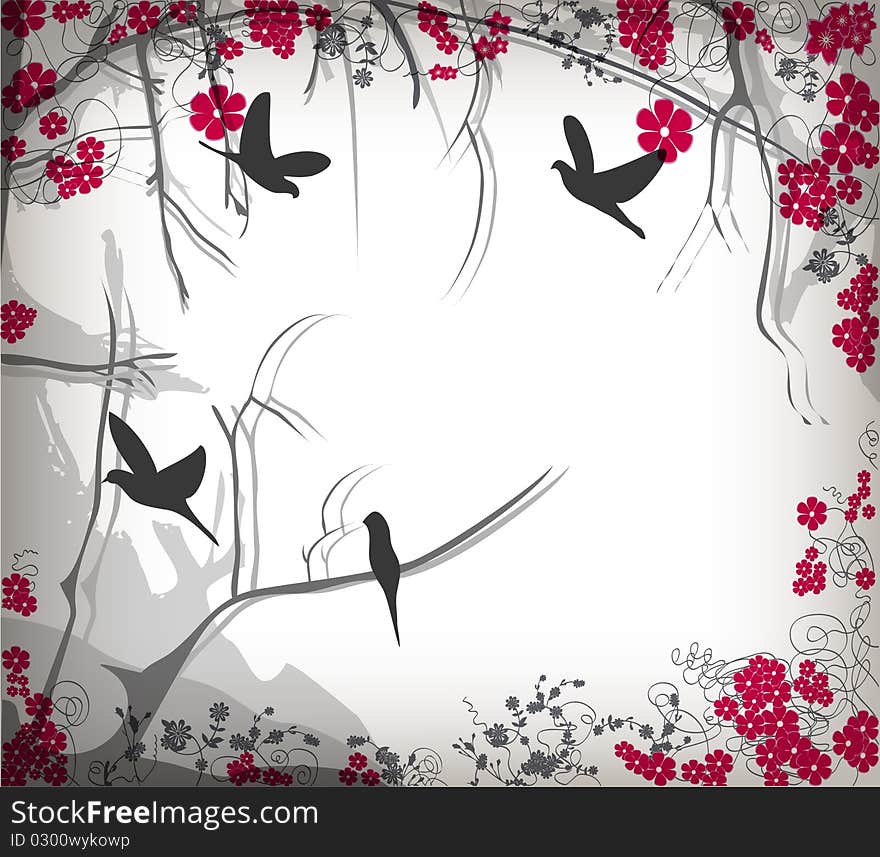 Romantic cherry tree with birds