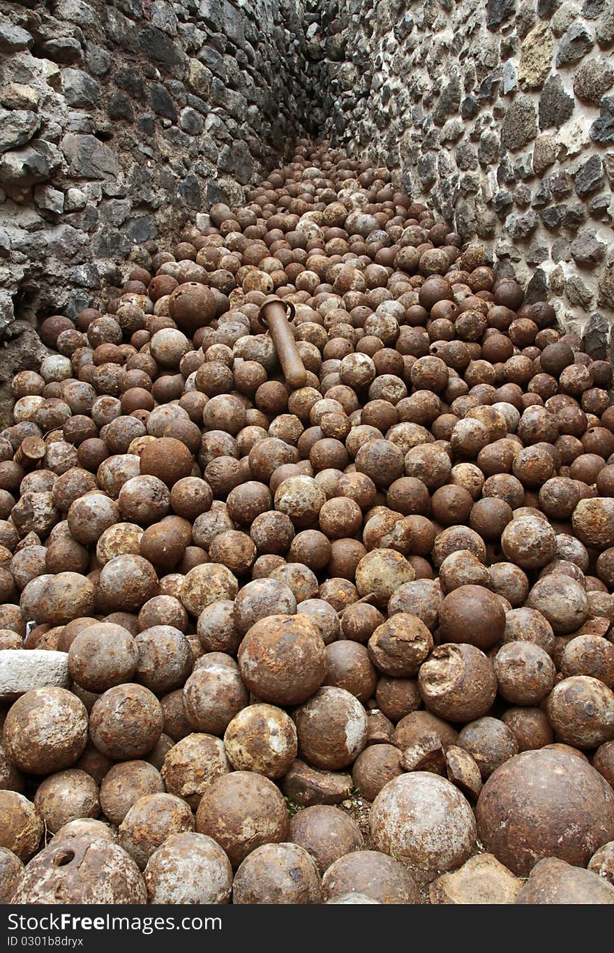 Thousands cannon balls lying on the corner of a fort. Thousands cannon balls lying on the corner of a fort