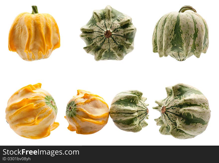 Miscellaneous pumpkins isolated on white background. Both pumpkins are ecological and natural, grew in rural garden. Miscellaneous pumpkins isolated on white background. Both pumpkins are ecological and natural, grew in rural garden.