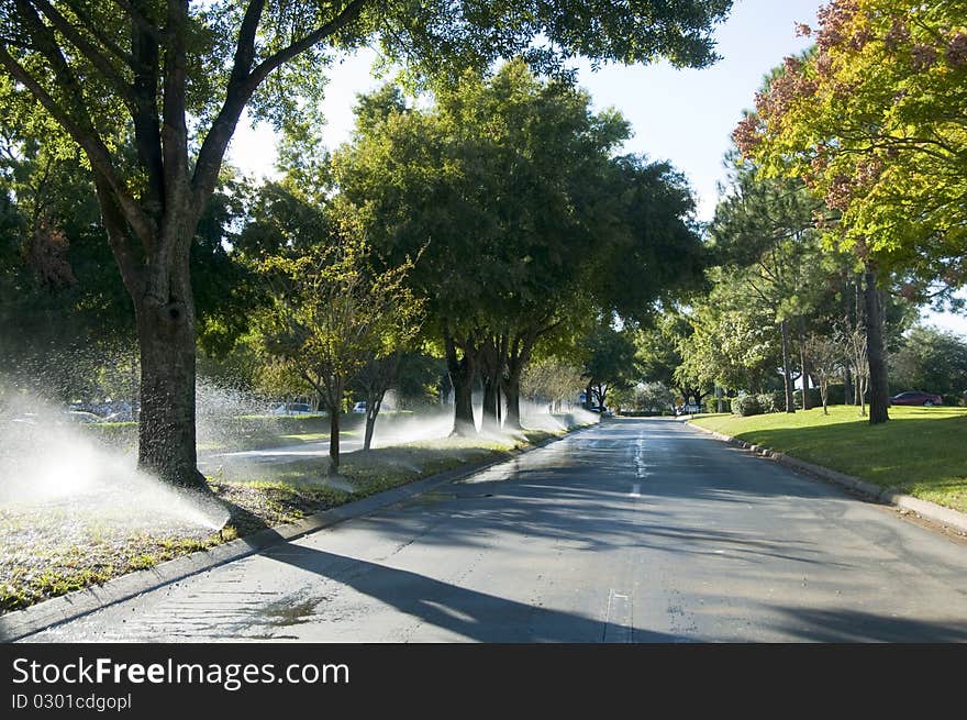 Boulevard with irrigation activated and over spraying the street