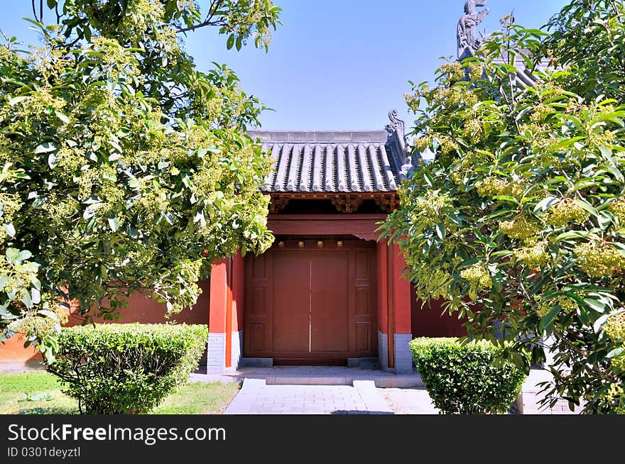 Chinese Temple Door Covered By Green Trees