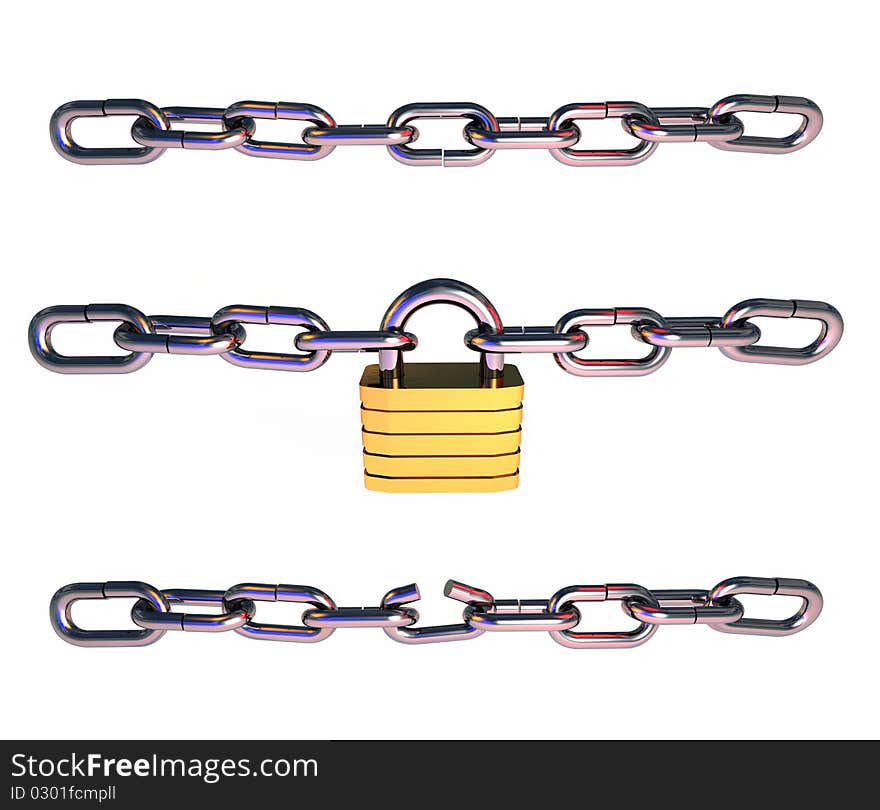 Computer-generated 3-D illustration depicting a chain, a chain with padlock, and a broken chain. Computer-generated 3-D illustration depicting a chain, a chain with padlock, and a broken chain