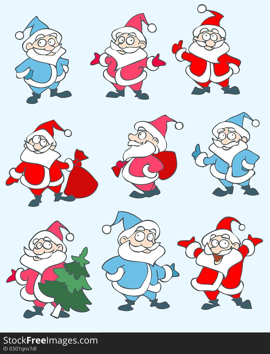 Set of vector christmas illustrations depicting Santa Clause in various figures