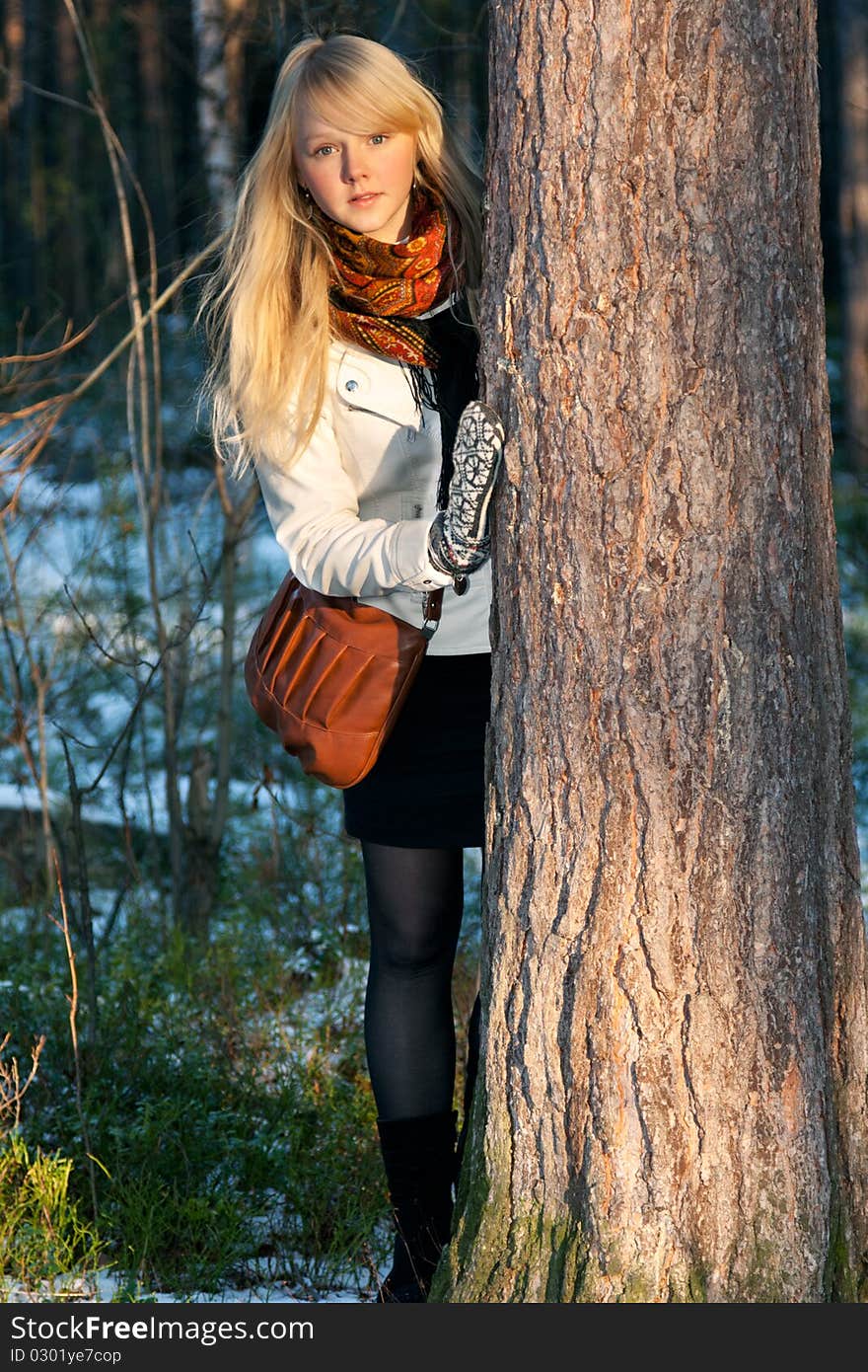 Blonde peers out for stem tree in autumn wood