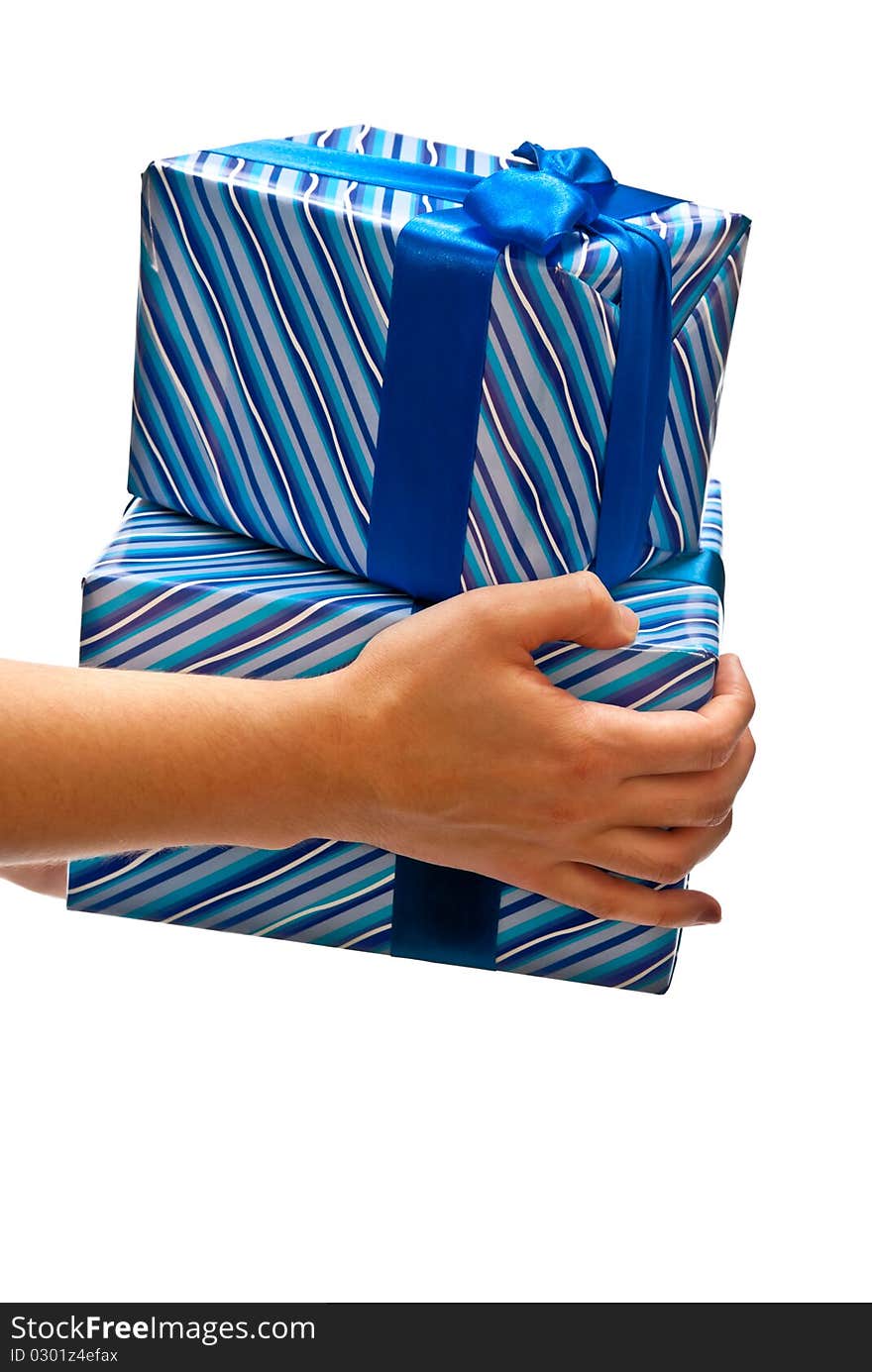 Two blue gifts boxes in man's hands. Isolated on white. Two blue gifts boxes in man's hands. Isolated on white