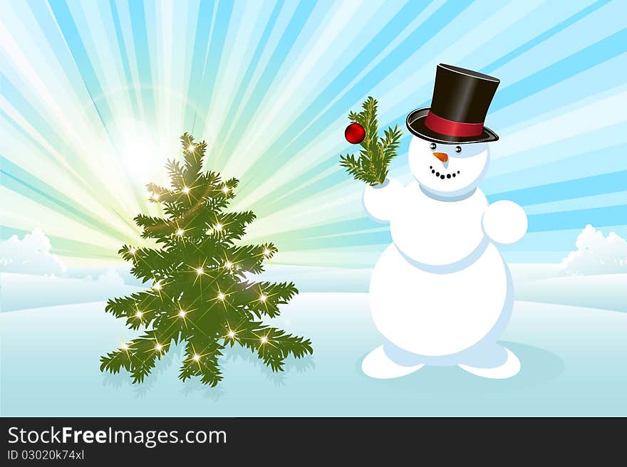 Illustration, snowman with ball on blue background