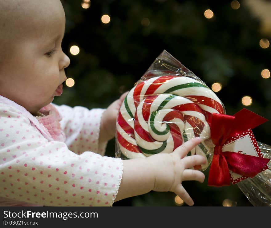 Baby reaching for a Candy Cane Lollipop with a Christmas Tree in the background. Baby reaching for a Candy Cane Lollipop with a Christmas Tree in the background.