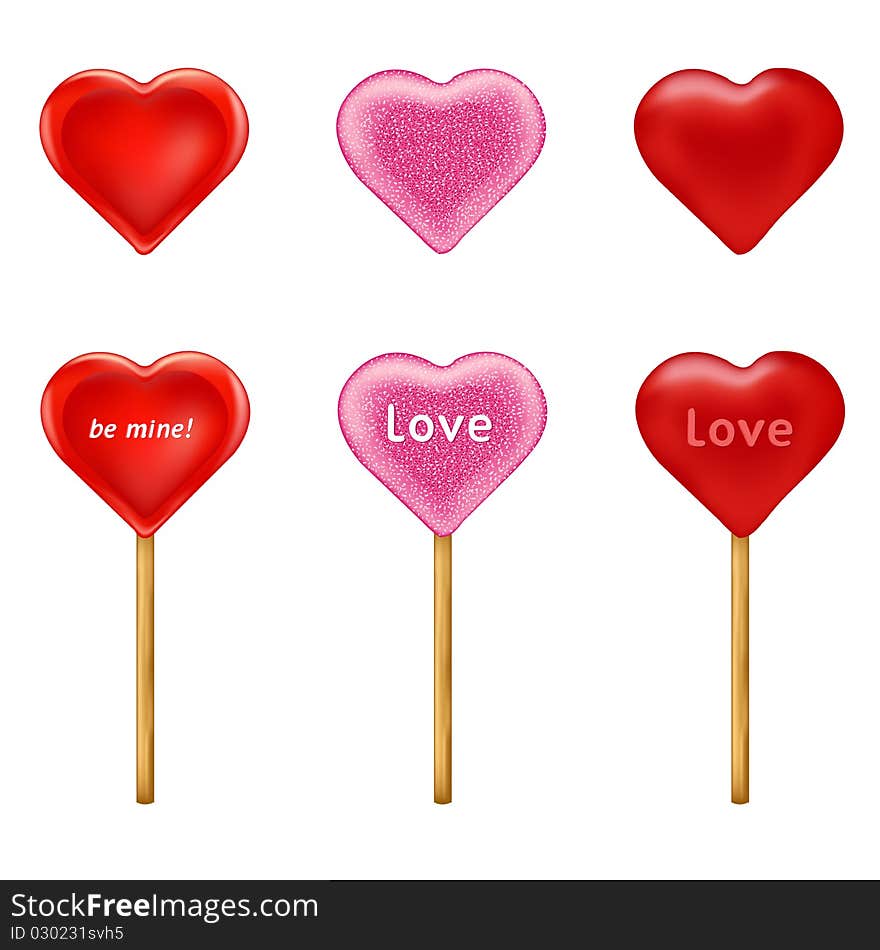 6 Heart Shape Lollipops, Isolated On White Background, Vector Illustration. 6 Heart Shape Lollipops, Isolated On White Background, Vector Illustration