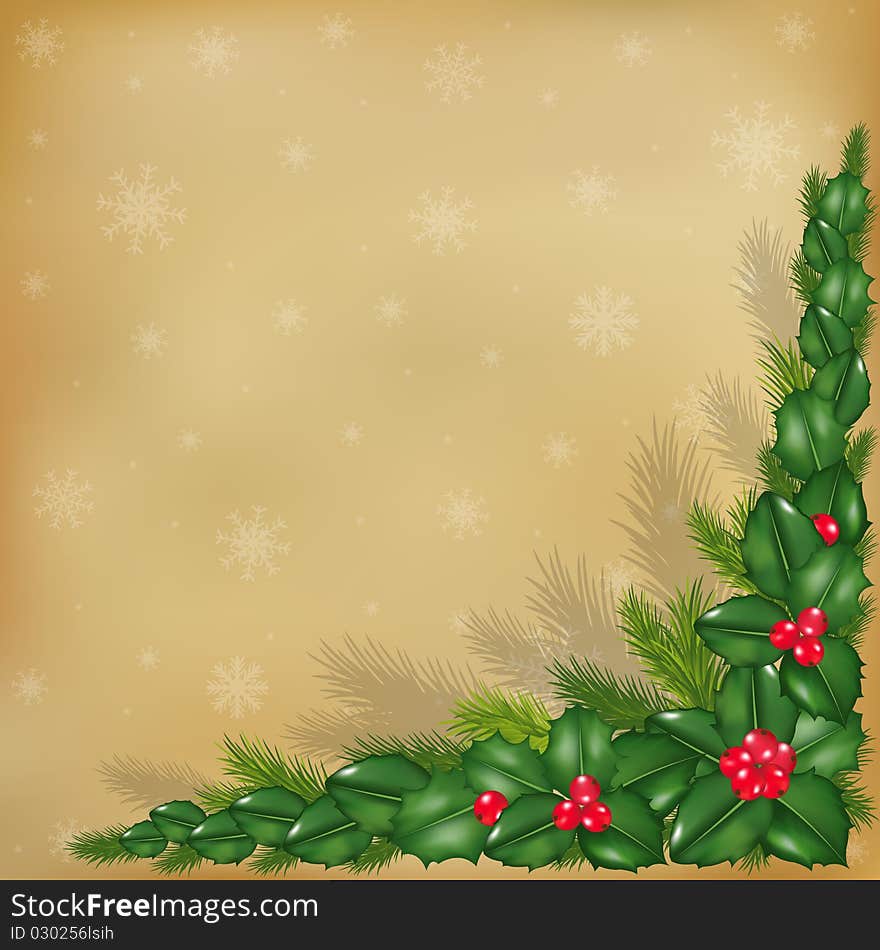 New Year Background With Old Paper With Snowflakes, Fur-tree Branches And Holly Berry, Vector Illustration. New Year Background With Old Paper With Snowflakes, Fur-tree Branches And Holly Berry, Vector Illustration