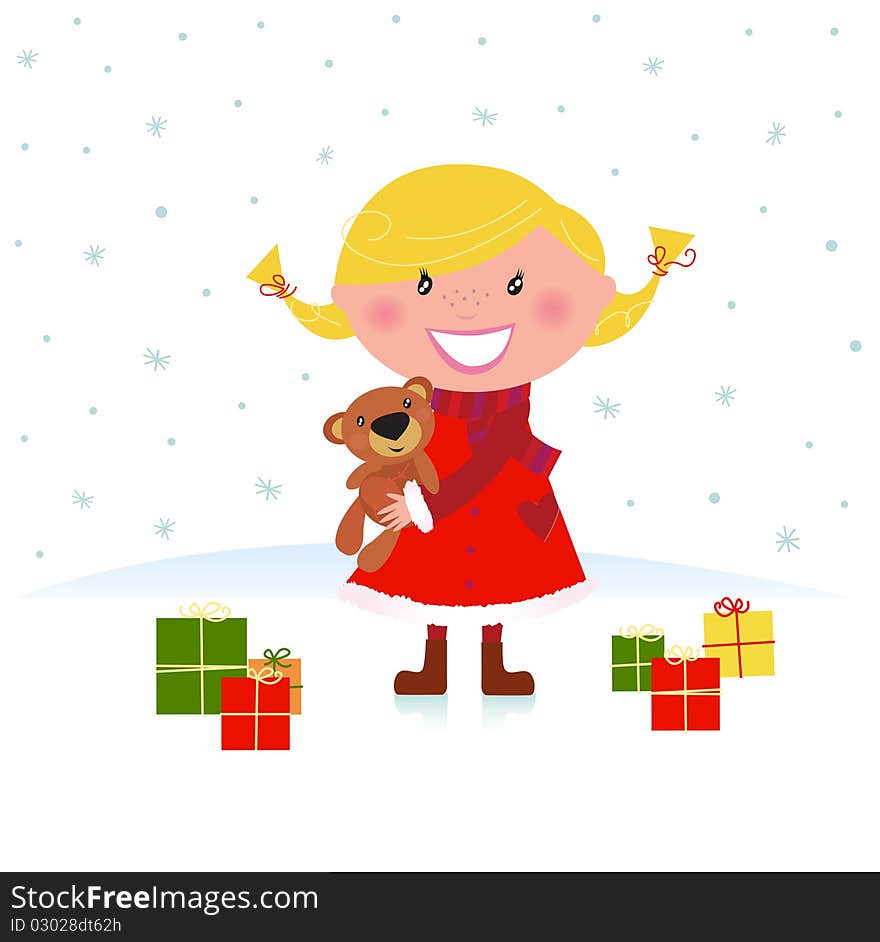 Happy winter blond child with christmas gifts